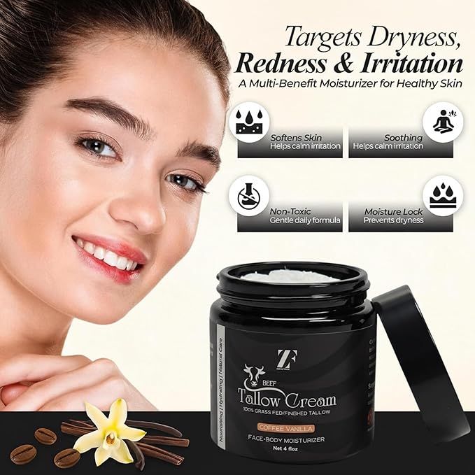 ZF 100% Grass Fed Beef Tallow for Skin Care - Face + Body - Natural Organic Lotion - Whipped Moisturizer for Sensitive Skin 4 FL. oz. (Coffee Vanilla)