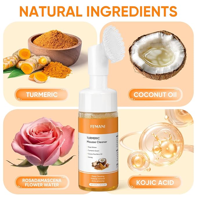 femani Glow Wash Face Wash With Brush, Turmeric Facial Cleanser for Women, Improve Skin Condition Soothing Irritation