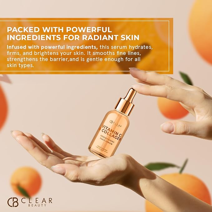 Clear Beauty Vitamin C Serum For Face with Collagen – Dermatologist Tested, Anti Aging, Korean Skin Care – Hydrates, Firms, Targets Dark Spots & Supports Skin Barrier – Vegan, Clean Beauty, 1.69 Fl Oz