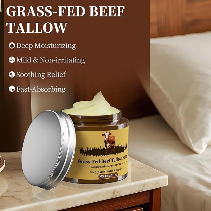 Beef Tallow for Skin, Tallow and Honey Balm, Facial Moisturizer Cream, 100% Organic Grass Fed Whipped Beef Tallow Balm Deeply Moisturizing for Face & Body, Suitable For All Skin Types(5.3oz)