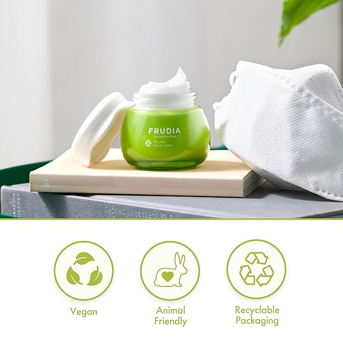 FRUDIA Avocado Relief Face Cream (1.94 oz) – Soothing and Calming Korean Face Moisturizer w/62% Avocado Extract, Panthenol & Madecassoside for Dry, Sensitive Skin | Vegan & Cruelty Free