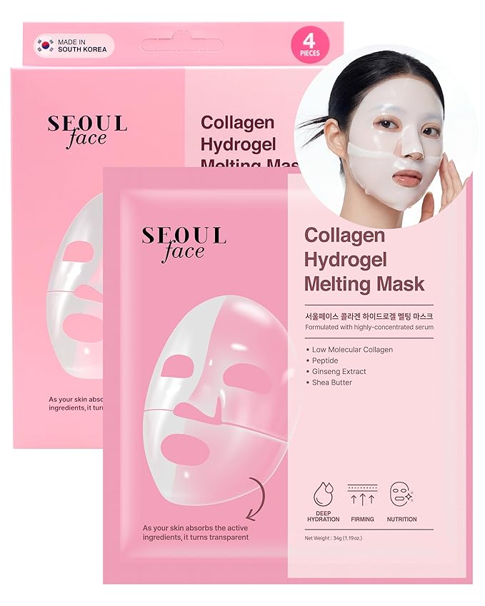 DERMAL Seoul Face Collagen Hydrogel Melting Mask (4 Pack) - Korean Overnight Face Mask for Glassy Skin & Pore Care - Deep Hydration Jelly Gel Sheet with 300Da Low Molecular Collagen Ritual