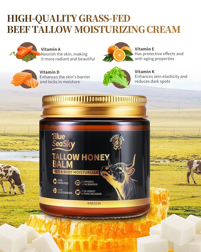 Blue Sea Sky Beef Tallow for Skin Handmade Whipped Beef Tallow for Face Cream Body & Face Moisturizer with Organic Grass-Fed Beef Tallow and Honey Balm Natural Formula for Dry & Sensitive Skin (4/OZ