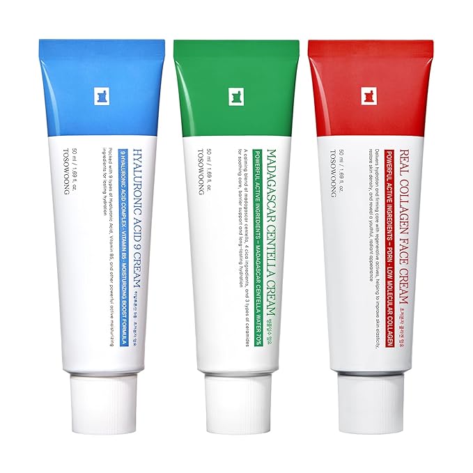 TOSOWOONG Ultimate Korean Moisturizer Set: 70% Cica for Redness, 9-Type Hyaluronic for Dryness, Low Molecular Collagen for Elasticity - Day & Night Care Kit