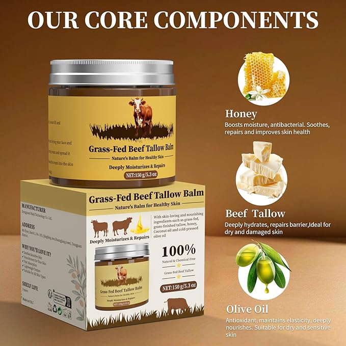 Beef Tallow for Skin, Tallow and Honey Balm, Facial Moisturizer Cream, 100% Organic Grass Fed Whipped Beef Tallow Balm Deeply Moisturizing for Face & Body, Suitable For All Skin Types(5.3oz)