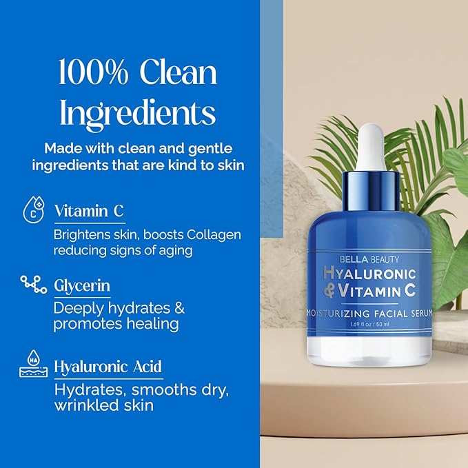 Bella Beauty Hyaluronic Acid & Vitamin C Moisturizing Facial Serum - Hydrating, Reduces Fine Lines & Wrinkles - Dermatologist Tested, Korean Skin Care for All Skin Types - 1.69 Fl. Oz (2 Pack)