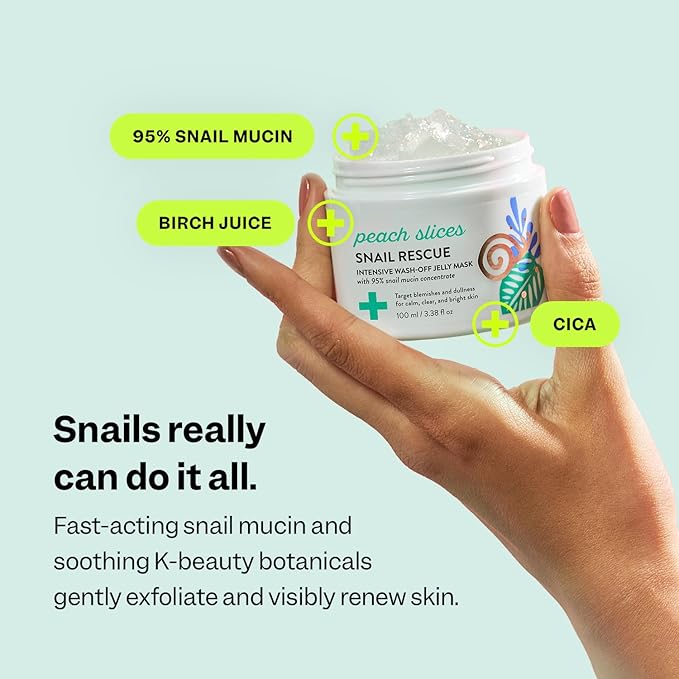 Peach Slices - Snail Rescue Intensive Wash-Off Jelly Mask (3.38 oz) - 95% Snail Mucin Concentrate - Gentle, Clear Skin - Cica, Birch Juice & Licorice - Vegan & Cruelty Free - Korean Skin Care & Beauty