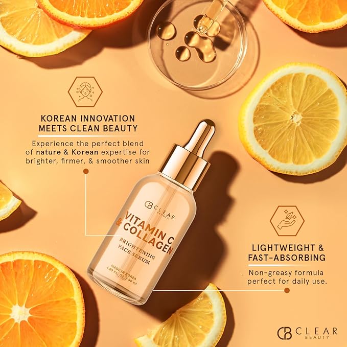Clear Beauty Vitamin C Serum For Face with Collagen – Dermatologist Tested, Anti Aging, Korean Skin Care – Hydrates, Firms, Targets Dark Spots & Supports Skin Barrier – Vegan, Clean Beauty, 1.69 Fl Oz