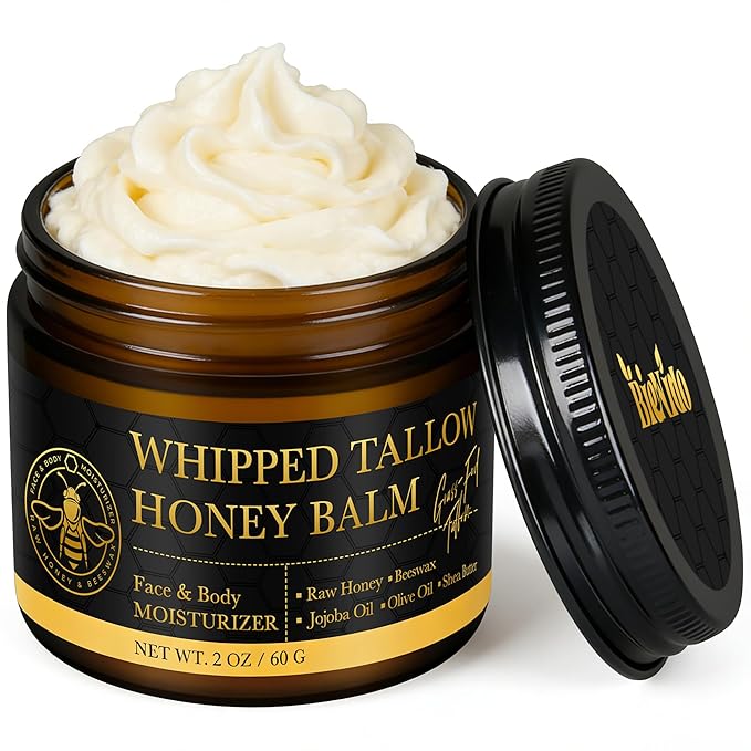 Organic Grass-Fed Tallow Balm for Face: Whipped Beef Tallow Cream with Raw Honey for Sensitive and Dry Skin, Natural Formula for Soothing & Deep Hydration
