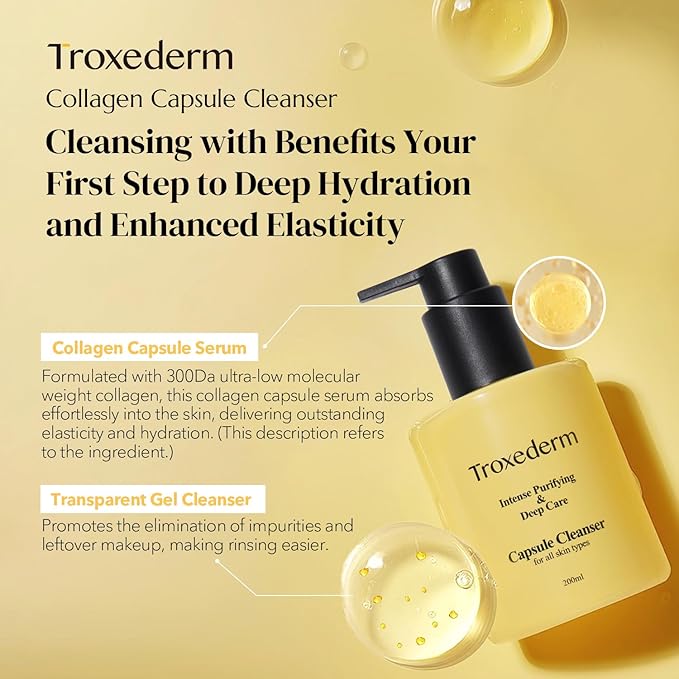 Collagen Capsule Cleanser – Korean Gel Face Wash with Peptides, Niacinamide & Troxerutin, Hydrating Daily Facial Cleanser & Makeup Remover, Gentle K-Beauty Skincare, 6.76 fl oz