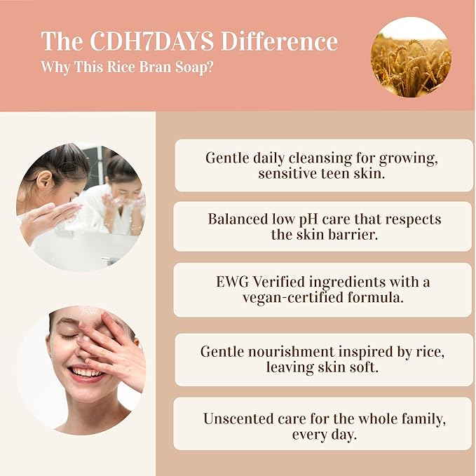 CDH7DAYS Rice Bran Soap Bar for Teens, EWG Verified & Vegan, Low pH 5.5–6.0, Korean Handmade Natural Body Soap, Unscented, Plant-Based Gentle Cleanser, 5oz