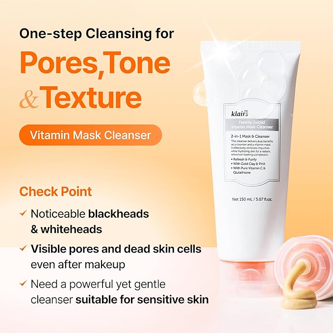 DearKlairs Freshly Juiced Vitamin Clay Mask Cleanser, Deep Pore Wash, Clear Radiant Skin, Tangerine Peel Powder, PHA, Niacinamide, 5.07 Fl Oz (Pack of 1)