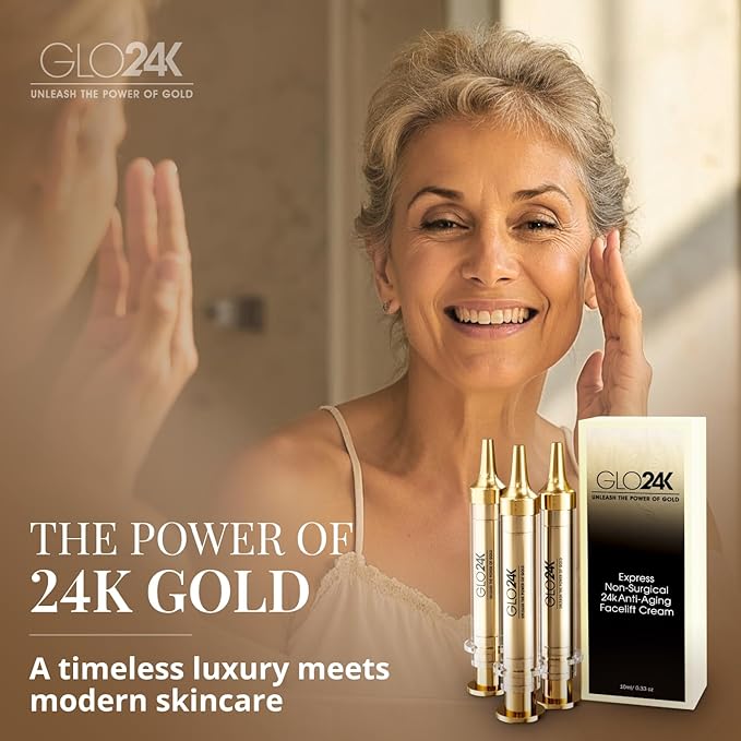 GLO24K Instant Facelift Cream with 24k Gold, Hyaluronic Acid, Peptides, and Vitamins. Value Pack of 2. A powerful non-invasive alternative to injections.