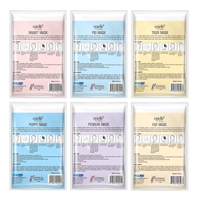 Epielle Character Face Mask Fuzzy Friends 12 Pack, Fun & Effective Korean Skin Care, Spa Party Favors, Stocking Stuffers, Birthday Gifts for Women, Self Care Gifts
