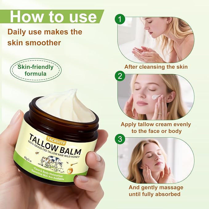 Organic Grass-Fed Beef Tallow & Raw Honey Balm – Handmade Whipped Moisturizer for Face & Body, Soothes Eczema, Rosacea, Dry & Sensitive Skin – Unscented, All-Natural, Chemical-Free (6 Packs / 12oz)