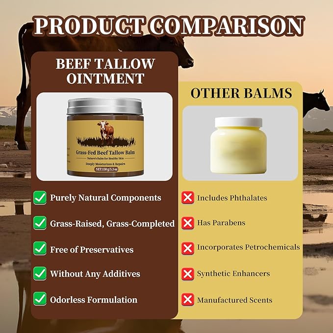 Beef Tallow for Skin, Tallow and Honey Balm, Facial Moisturizer Cream, 100% Organic Grass Fed Whipped Beef Tallow Balm Deeply Moisturizing for Face & Body, Suitable For All Skin Types(5.3oz)