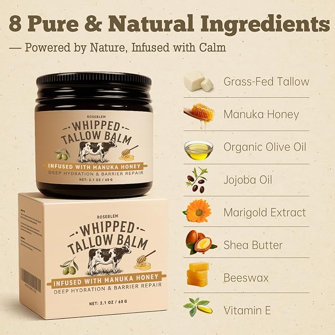 Whipped Tallow Honey Balm, Beef Tallow for Skin Face, 100% Organic Grass-Fed Beef Tallow Balm with Raw Honey, Hydrating Repairing Tallow Face Moisturizer for Dry & Sensitive Skin, Unscented, 2 Oz