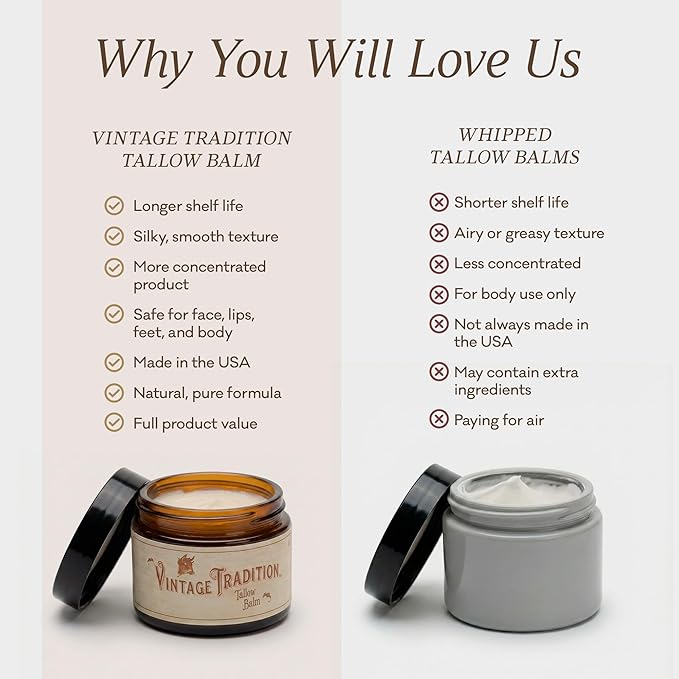 Vintage Tradition Beef Tallow All Purpose Balm - Healing, Hydrating Luxurious Skin Care Salve Replaces Body Lotion, Hand Cream, More - Essential Oil, Olive Oil, and Grass-Fed Tallow, 2 fl. oz.