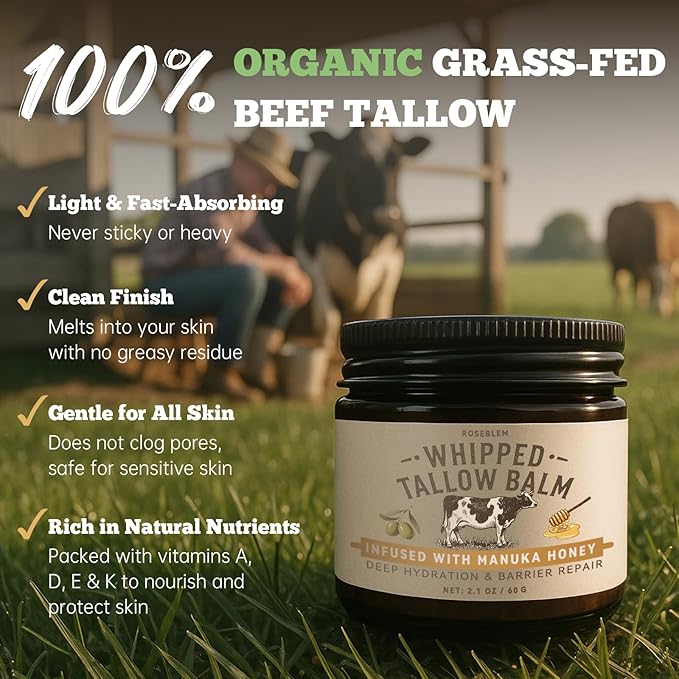 Whipped Tallow Honey Balm, Beef Tallow for Skin Face, 100% Organic Grass-Fed Beef Tallow Balm with Raw Honey, Hydrating Repairing Tallow Face Moisturizer for Dry & Sensitive Skin, Unscented, 2 Oz