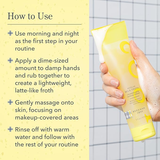 Beekman 1802 Micellar Milk Froth Face Wash – Hydrating Gel to Foam Facial Cleanser & Makeup Remover with Goat Milk & Golden Sea Moss, Gentle Foaming Face Wash for Sensitive Skin, 5 Fl Oz