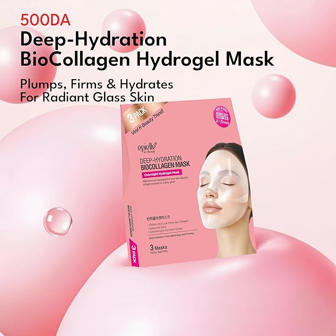 Epielle Deep Hydration BioCollagen Mask 3 Count, Overnight Hydrogel Facial Mask with 500DA Ultra-Low Molecular Collagen, Hyaluronic Acid & Galactomyces Ferment Filtrate, Korean Skin Care (Pack of 2)