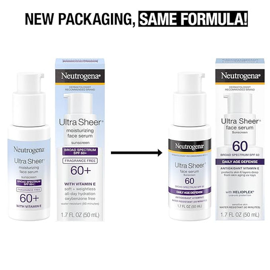 Neutrogena Ultra Sheer Face Sunscreen with Vitamin E & SPF 60, Sunscreen for Face with Broad Spectrum UVA/UVB Protection, Fragrance-Free, Oxybenzone-Free, Water-Resistant (80 minutes), 1.7 Fl Oz