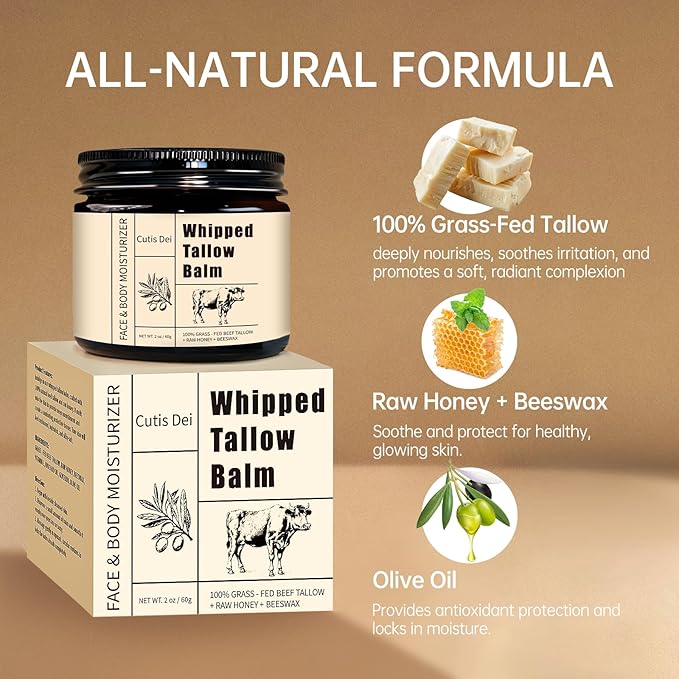 Beef Tallow for Skin, Organic Grass-Fed Beef Tallow Balm for Face & Body, Whipped Tallow and Honey Balm, Deeply Moisturizing for All Skin Types, Natural Formula, Unscent, 2.11 oz