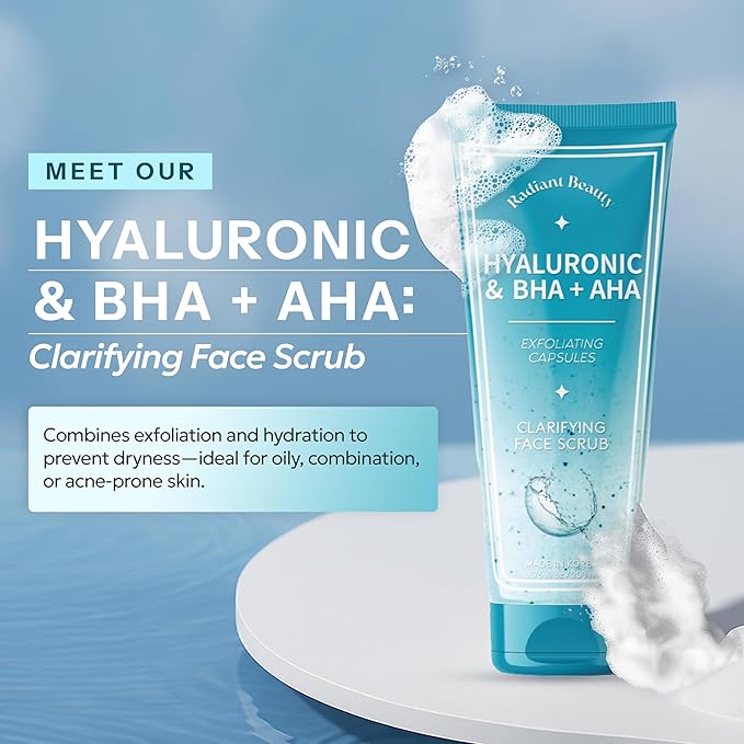 Exfoliating Face Scrub with Hyaluronic Acid & BHA + AHA - Dermatologist Tested, Anti Aging Korean Skin Care - Deeply Cleanses Pores & Smooths Texture - Vegan Clean Beauty - 6.76 Fl Oz