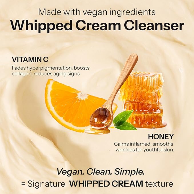 Whipped Facial Cleanser with Vitamin C & Honey – Brightening, Hydrating, Soothing & Pore Cleansing – Dermatologist Tested, Anti-Aging, Korean Skin Care – Clean Beauty, Vegan, Non-GMO – 4.4 Oz