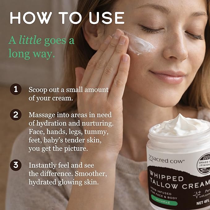 SACRED COW 100% Pure Organic Grass Fed Beef Tallow for Skin Care, Face Moisturizer, Body Butter, Hand Cream - Natural Whipped Tallow & Honey Balm Lotion Cream - Made in the USA - 4oz (UNSCENTED)