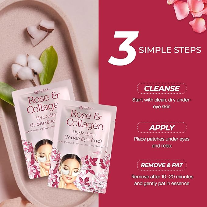 Clear Beauty Rose & Collagen Under Eye Patches – Hydrating Anti Aging Pads For Dark Circles & Puffy Eyes – Dermatologist Tested, Korean Skin Care, Cruelty Free, Clean Beauty, Vegan – 5 Pairs