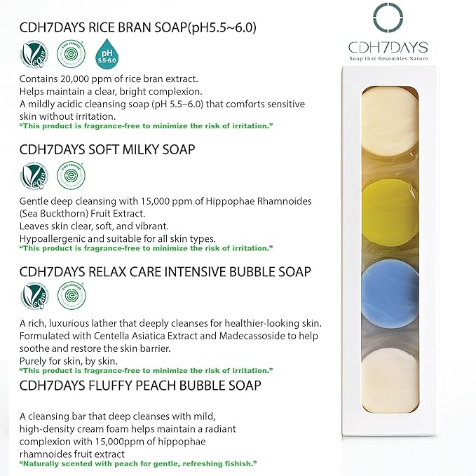 CDH7DAYS EWG VERIFIED VEGAN BAR SOAP/HANDMADE (MADE IN KOREA) Natural Body Soap Bar, Plant-Based, Handmade Soap Mini Gift Set 4 SET (.88oz X4)