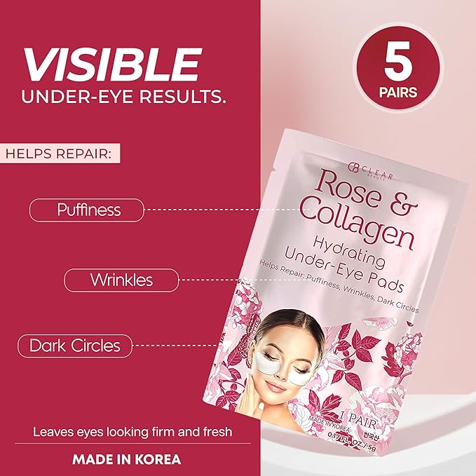 Clear Beauty Rose & Collagen Under Eye Patches – Hydrating Anti Aging Pads For Dark Circles & Puffy Eyes – Dermatologist Tested, Korean Skin Care, Cruelty Free, Clean Beauty, Vegan – 5 Pairs