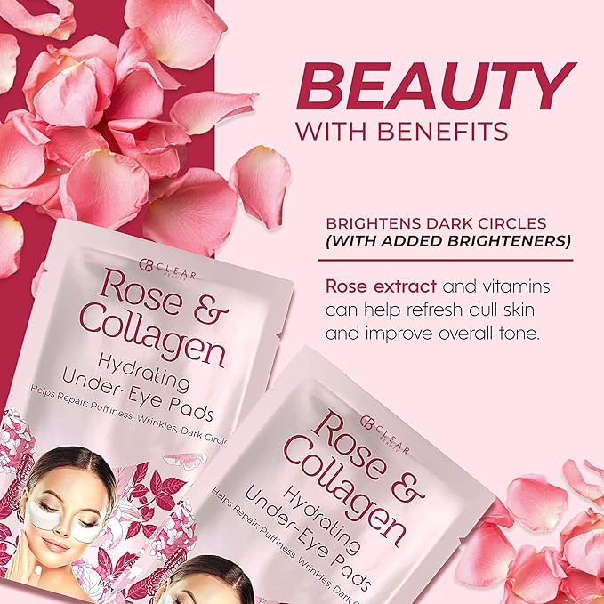 Clear Beauty Rose & Collagen Under Eye Patches – Hydrating Anti Aging Pads For Dark Circles & Puffy Eyes – Dermatologist Tested, Korean Skin Care, Cruelty Free, Clean Beauty, Vegan – 5 Pairs