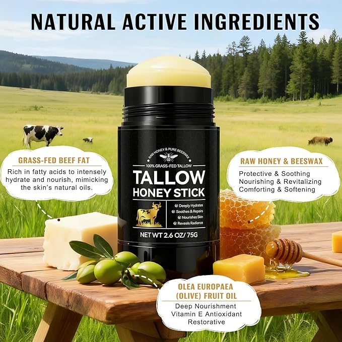 Eloix Tallow Honey Balm & Stick, All-Natural Moisturizer with Beef Tallow and Raw Honey for Face & Body, Handmade Formula for Dry, Sensitive Skin, Promotes Longevity, Firming & Hydration