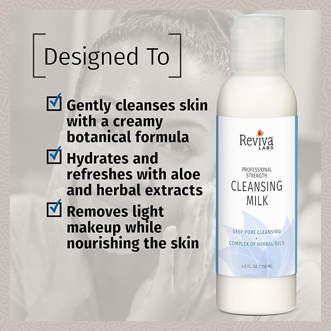 Reviva Labs Cleansing Milk – Gentle Facial Cleanser for Sensitive Skin with Aloe & Botanical Oils – Hydrating Milky Cleanser & Makeup Remover – Vegan Face Wash for Dry or Mature Skin – 4 fl oz