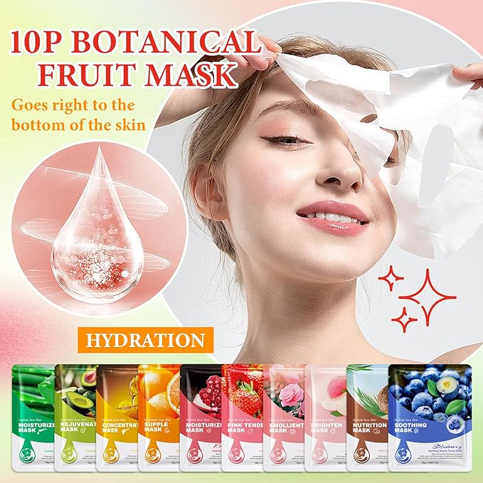 10 Pack Variety Facial Sheet Masks Skin Care Set, Hydrating Bulk Sheet Face Masks Skincare Gifts Set for Women Men, Long Lasting Moisturizing Face Mask Skincare for All Skin Type（C6)