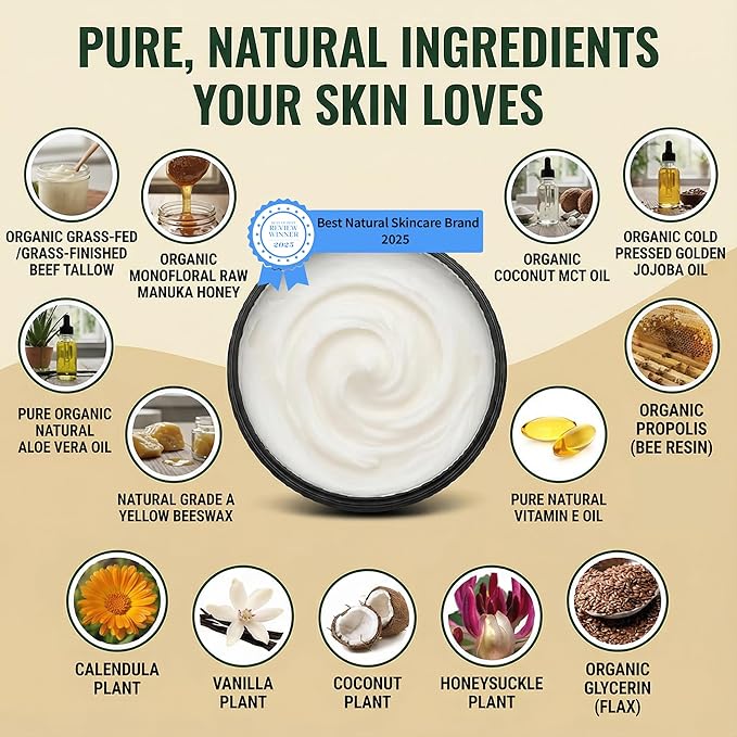 Lord's Love Butter Natural Organic Tallow and Honey Balm That Actually Absorbs - Organic Grass Fed Beef Tallow Face Moisturizer for Dry Aging Skin - Restores What Synthetic Lotions Strip Away