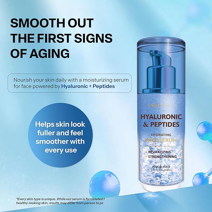 Hyaluronic Acid Serum For Face with Peptides - Deep Hydration, Firming, Plumping & Anti Aging - Dermatologist Tested, Korean Skin Care, Vegan Clean Beauty, Cruelty Free - 1.69 Fl Oz