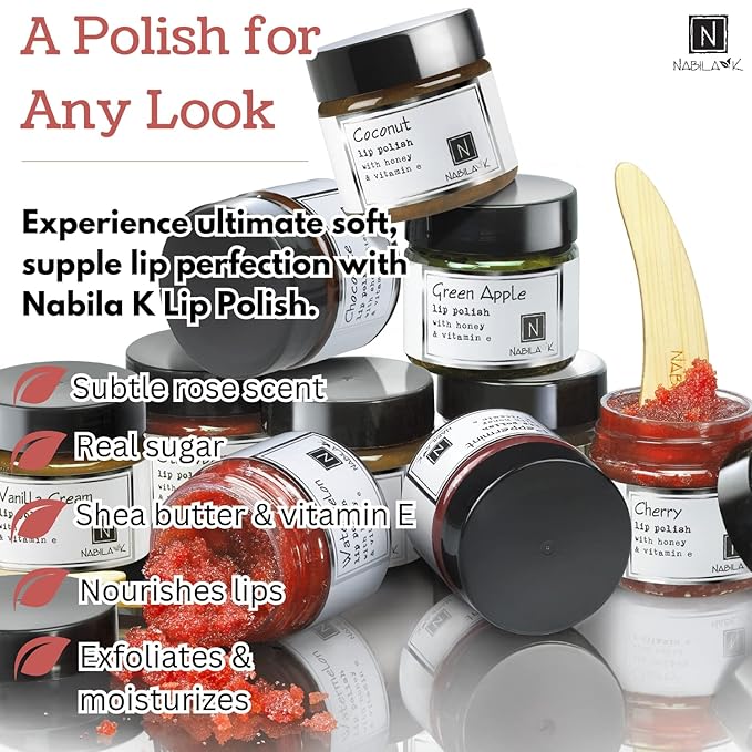 Rose Lip Polish, 1 oz by Nabila K - Hydrating Lip Exfoliator & Moisturizer with Shea Butter and Vitamin E for Dry and Chapped Lips - Cruelty-Free, Real Sugar, Made in USA