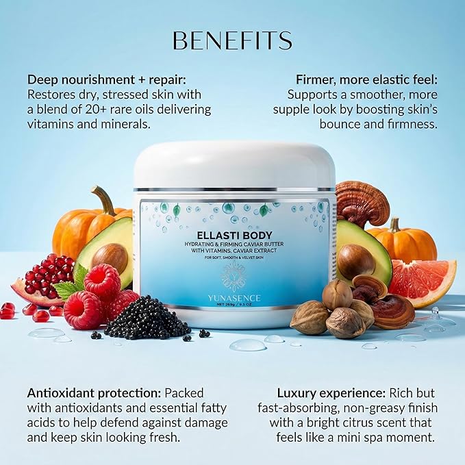 YUNASENCE ELLASTIBODY Hydrating Firming Caviar Butter Moisturizing Cream, with Caviar Extract, Vitamin E, Reishi, Avocado & Green Tea. 9.5oz. For soft, comforted skin.