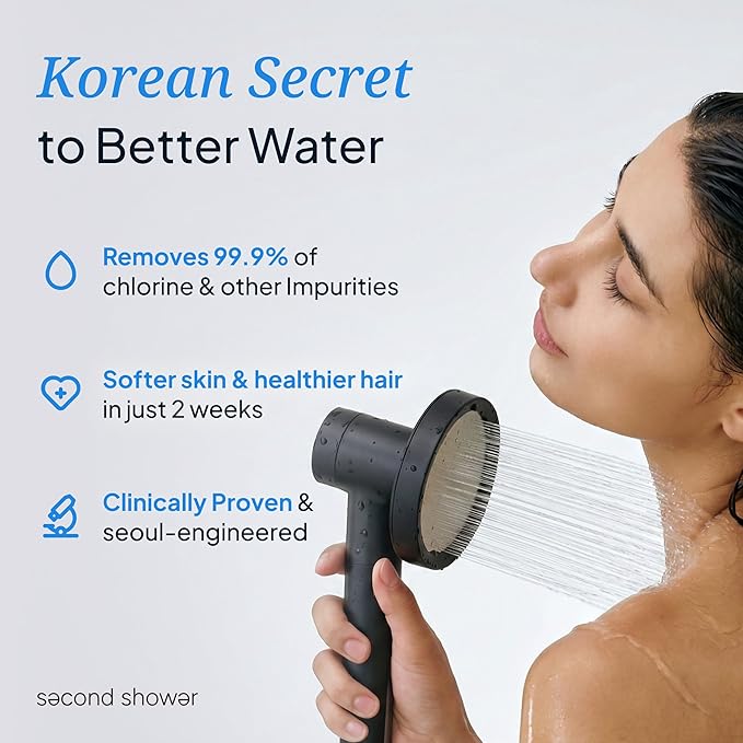SecondShower Filtered Shower Hand for Hard Water | Clinically Proven for Skin Health, NSF Certified 99.9% Chlorine Removal, SPA Grade High Pressure, Korean Beauty Secret Natural Filter (Pure Silver)