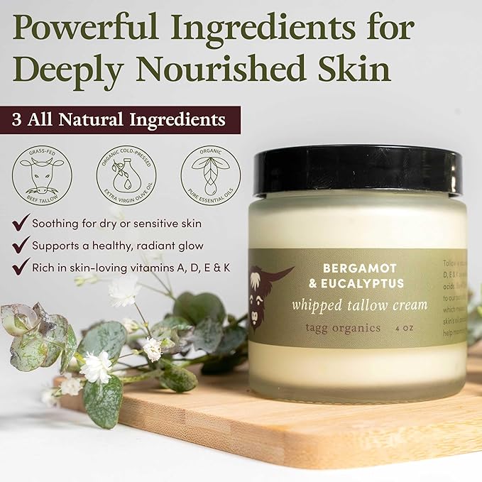 Whipped Tallow Cream for Skin - 100% Organic & Chemical-Free - Deep, Long-Lasting Hydration & Nourishment for Dry & Sensitive Skin (Bergamot/Eucalyptus 4oz)