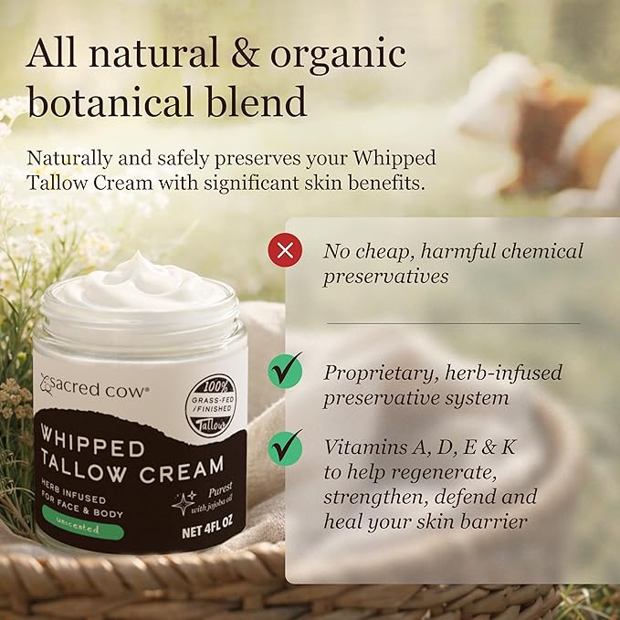 SACRED COW 100% Pure Organic Grass Fed Beef Tallow for Skin Care, Face Moisturizer, Body Butter, Hand Cream - Natural Whipped Tallow & Honey Balm Lotion Cream - Made in the USA - 4oz (UNSCENTED)