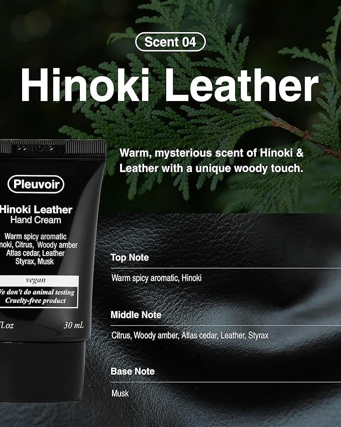 Pleuvoir Hinoki Leather: Hand Cream & Hand Wash Set | Japanese Cypress Cedar Musk Woody Scent | Non-Sticky Hydrating Vegan K-Beauty | 1oz + 10 fl.oz