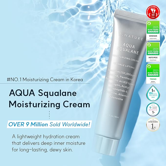 S. Nature AQUA SQUALANE MOISTURIZING CREAM | Face Moisturizer for Dry and Sensitive Skin, Vegetable Squalane 150,00ppm, Long-lasting Hydration, Pore Care Cream, Korean Skin Care (2.7 Fl Oz, 80ml)