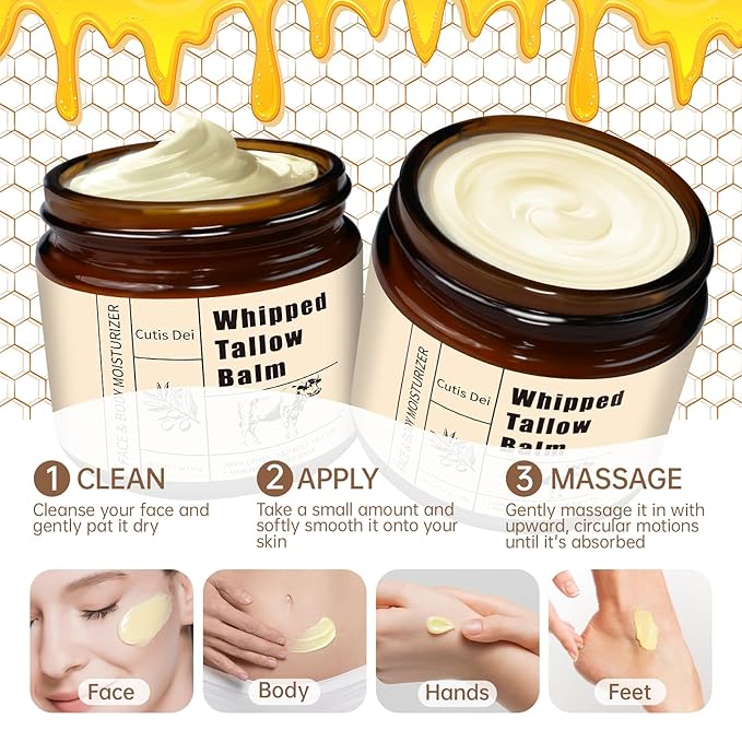 Beef Tallow for Skin, Organic Grass-Fed Beef Tallow Balm for Face & Body, Whipped Tallow and Honey Balm, Deeply Moisturizing for All Skin Types, Natural Formula, Unscent, 2.11 oz