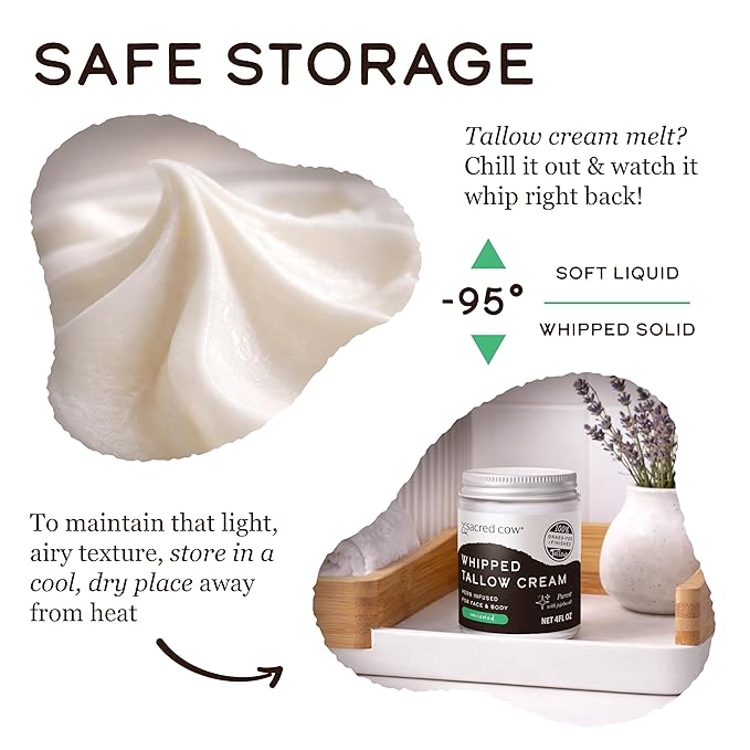 SACRED COW 100% Pure Organic Grass Fed Beef Tallow for Skin Care, Face Moisturizer, Body Butter, Hand Cream - Natural Whipped Tallow & Honey Balm Lotion Cream - Made in the USA - 4oz (UNSCENTED)