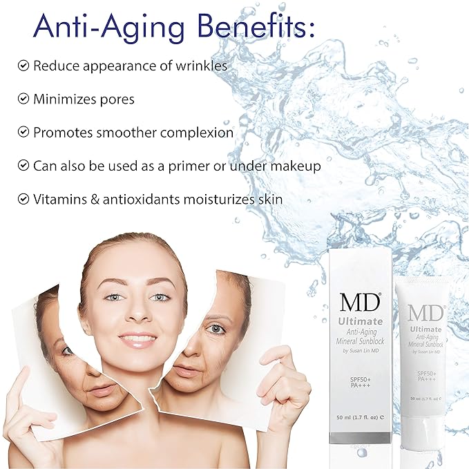 MD Ultimate Anti-Aging Tinted Mineral Sunscreen SPF 50 - Flesh-Colored Zinc and Titanium Sunblock - Pore-Minimizing Matte Primer for Men and Women - Smear-Proof and Waterproof, 1.7oz