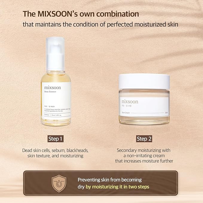 mixsoon Bean Glass Skin Duo Facial Moisturizer Fermented Bean Skincare Routine Bean Essence 50ml + Bean Cream 50ml 3.38 Fl. Oz / 100ml Korean Glass Skin Care